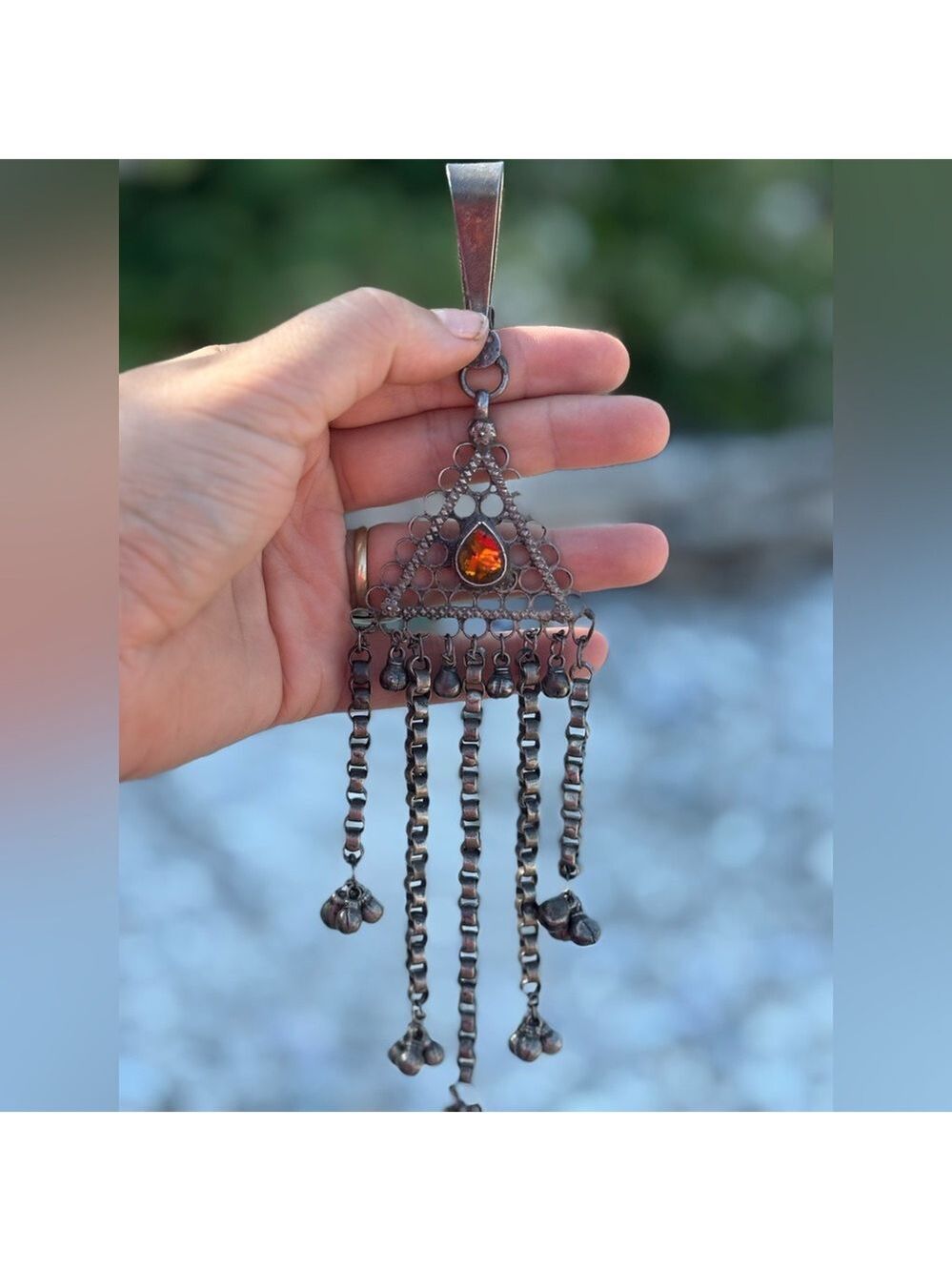 VINTAGE Tribal Kuchi Bohemian Pendant • Large Silver-Tone Fire Glass Amulet